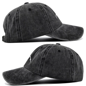 Detailed side view of dark grey baseball cap with minimalist white linear embroidery