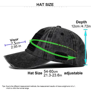 Size chart showing adjustable 54-60cm circumference for USA flag baseball cap
