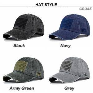Detailed four-color grid showing vintage washed cotton baseball caps with USA flag embroidery