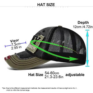 Guide des tailles pour casquette de baseball brodée avec filet montrant les dimensions
