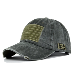 Detail of USA embroidery and distressed brim on tactical washed cotton baseball cap