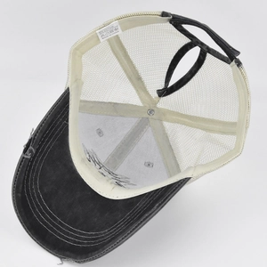 Detailed view of embroidery baseball cap with high ponytail hole and mesh back