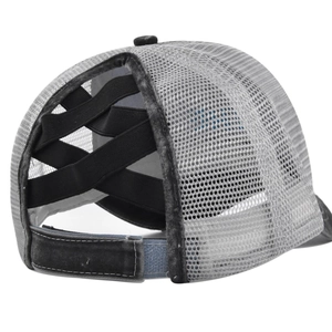 Distressed mesh baseball cap with criss-cross elastic bands for ponytail hairstyles