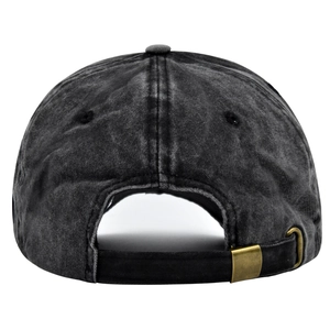 Close-up of vintage washed baseball cap back with adjustable brass buckle and strap