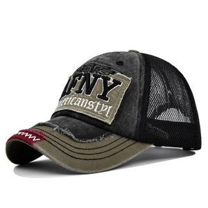 Casquette trucker vintage en mesh avec broderie NY, visière olive et toile de coton délavé