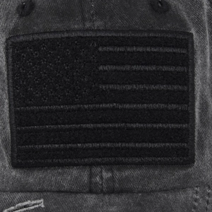 Tactical washed charcoal baseball cap with black American flag embroidery on velcro patch