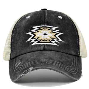 Distressed charcoal and cream trucker hat with Southwest geometric embroidery