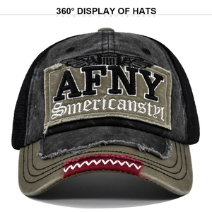 Détail de la broderie AFNY et du filet sur la casquette de baseball vintage délavée
