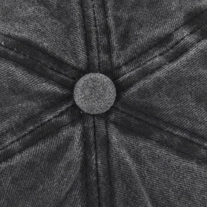 Macro view of the top button and stitched fabric panels on a dark gray baseball cap
