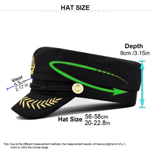 Guide des tailles pour casquette de marin avec broderies dorées et dimensions