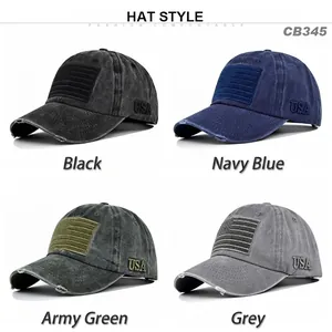 Vintage washed cotton baseball caps with USA embroidery and distressed flag patch in four colors