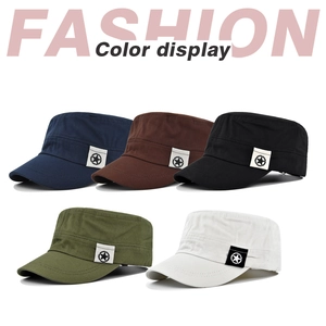 Flat top cadet caps in five colors featuring star patch detail and cotton canvas texture