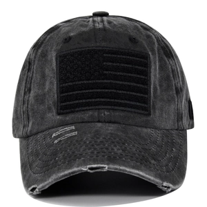 Distressed cotton baseball cap with American flag tactical patch and washed vintage finish