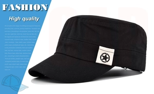 Detail view of the black military flat top cap with pentagram embroidery on canvas