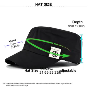 Size chart for adjustable star embroidered military cadet cap with detailed dimensions