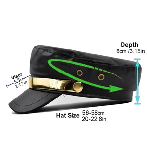 Black PU leather baker boy hat with gold M buckle and detailed sizing chart