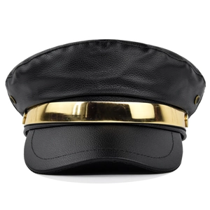 Close-up of black PU leather baker boy hat with decorative gold metallic band details