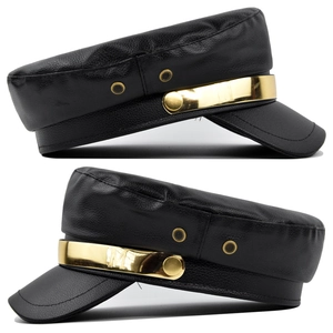 Fashionable black PU leather military cap with golden M buckle in two side-view angles