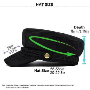 Guide des tailles détaillé pour casquette gavroche noire avec mesures de visière