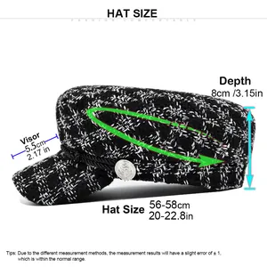 Size guide for the textured newsboy cap showing head circumference and brim dimensions