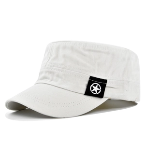 Detail of embroidered star patch and reinforced stitching on beige cotton cadet cap