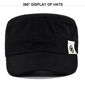 Close-up of black cotton military flat top cap featuring a white star patch detail