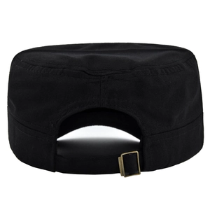Detail of black cotton cadet cap back with adjustable antique bronze metal buckle