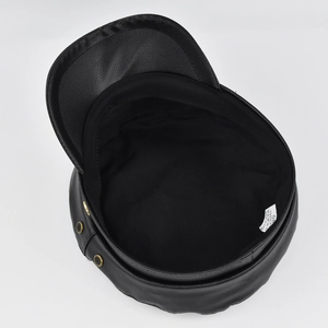 Classic black PU leather flat top navy cap with gold side buttons and soft lining