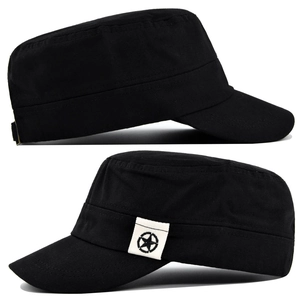 Detail of military flat top cap showing white square woven label with black star logo
