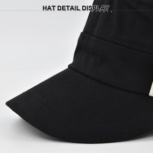 Detail view showing reinforced stitching and cotton twill texture on black bucket hat