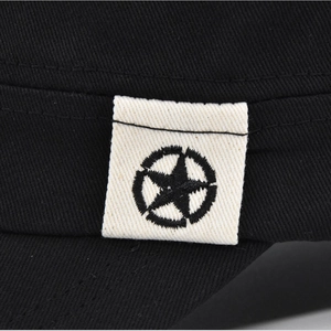 Flat top black cotton sun hat with vintage star embroidered patch detail