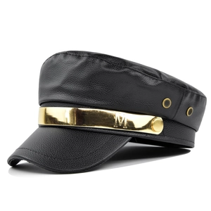 Women's Fashion PU Leather Navy Cap British Style Flat Top Military Hat With Gold Metal M Logo Belt Buckle Beret For Winter