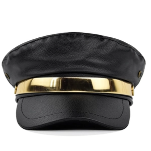 Black faux leather military hat with premium gold mirror metal band and side rivets