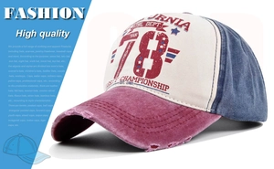 Close-up of vintage washed baseball cap featuring California 78 graffiti and distressed brim