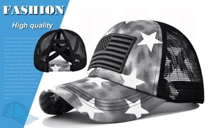 Detail view of grey baseball cap with American flag patch and elastic criss-cross ponytail hole
