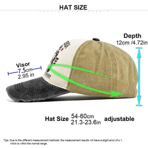 Size chart showing adjustable 54-60cm circumference and visor depth of vintage cap