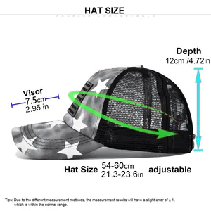 Size chart for adjustable baseball cap showing 54-60cm circumference and visor dimensions