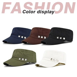 Flat top cadet caps in five colors with metal stud details and high quality cotton fabric