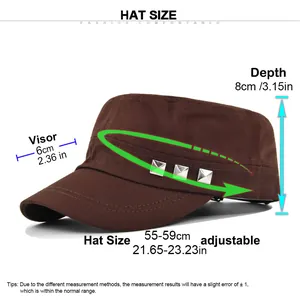 Size chart showing adjustable 55-59cm circumference and 6cm visor for the cadet cap