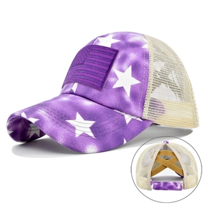 Purple tie-dye American flag baseball cap with mesh back and elastic criss-cross ponytail hole