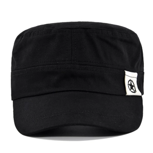 Classic black cotton cadet cap with flat top and white pentagram star woven patch