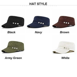 Flat top canvas army caps in five colors featuring silver square metal studs on the side
