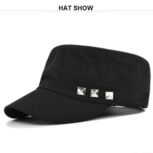 Detail view of black cotton military flat top cap with silver square metal rivets on side
