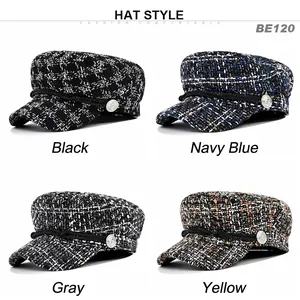 Tweed baker boy caps for women with metal buttons in black, navy, grey and yellow