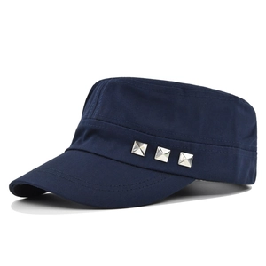 Detail of navy blue cotton flat top military cap with silver square metal rivets