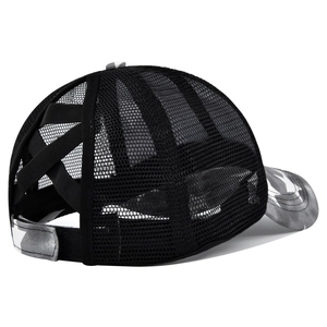 Detail of cross elastic bands on camouflage mesh ponytail baseball cap for high hair