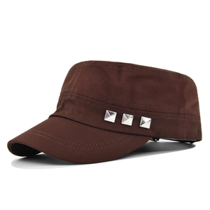 Detailed side view of a brown cotton cadet cap featuring silver square metal rivets