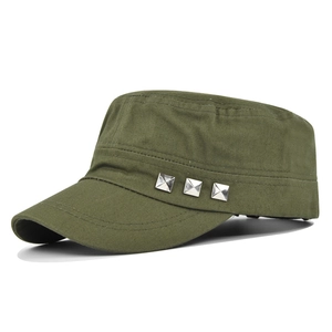 Army green flat top military cadet hat with three silver square studs on the side