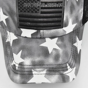 Distressed American flag baseball cap with embroidered star patterns and breathable mesh back