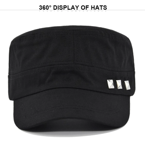 Detail of black cotton cadet cap featuring triple silver square metal studs on the side